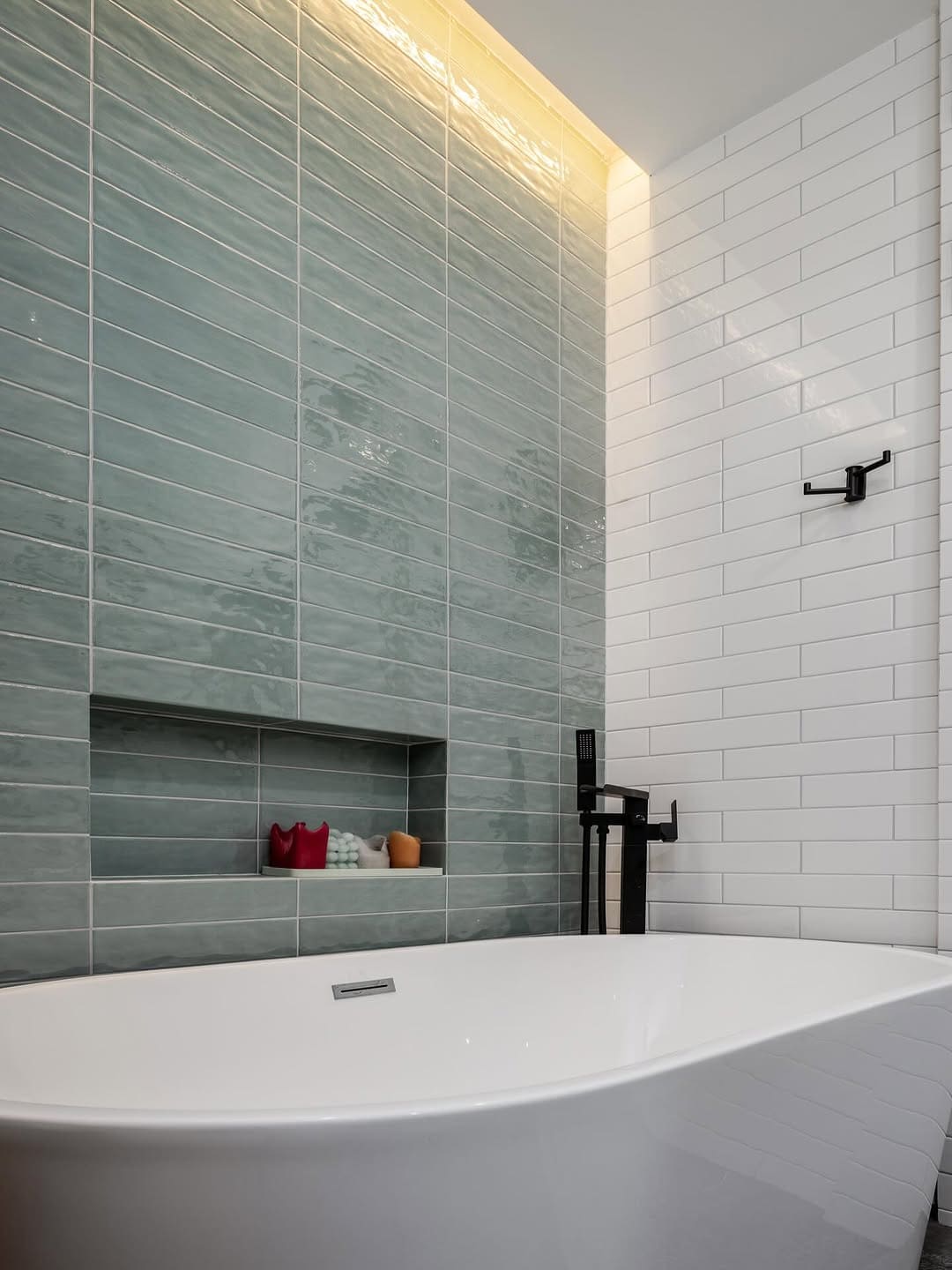 Renovated bathroom with tiled walls